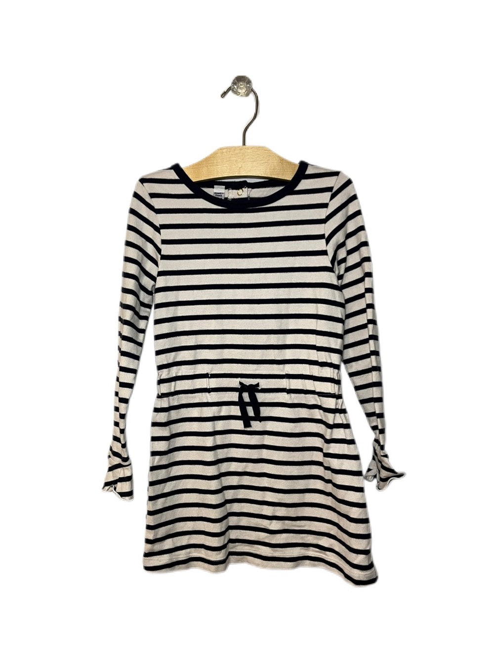 Petit Bateau Size 6 Girls Navy and White Striped Long Sleeve Cotton Dress